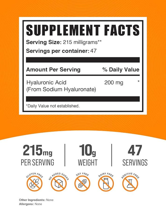 BulkSupplements.com Hyaluronic Acid Powder - Hyaluronic Acid Supplements, Hyaluronic Acid 215mg - Hyaluronic Acid Food Grade, Gluten Free - 215mg per Serving, 10g (0.35 oz) (Pack of 1)