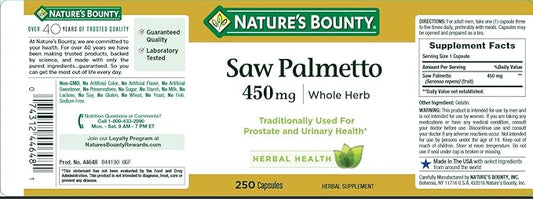 Nature's Bounty Saw Palmetto Support for Prostate and Urinary Health, Herbal Health Supplement, 450mg, 250 Capsules (Pack of 3)