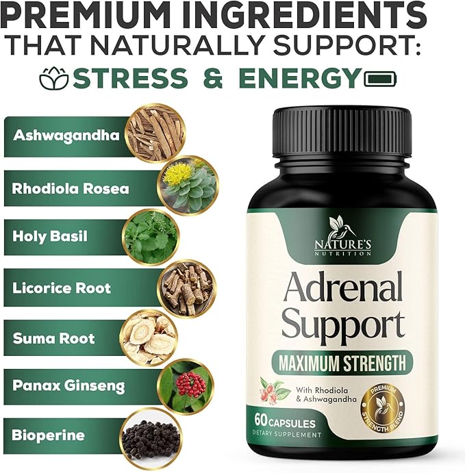 Adrenal Support Supplements & Cortisol Manager 10 Herbs 60 Capsules