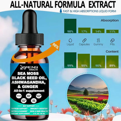 Sea Moss Black Seed Oil Ashwagandha Ginger, Multi-Mineral Sea Moss 3000mg Liquid Drops Extract, 4X Stronger Than Pills & Capsules, Vegan Superfood for Immunity, Joint & Thyroid Health