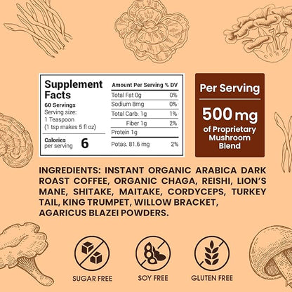 Instant Mushroom Coffee Dark Roast Organic (60 Servings) With 10 Mushrooms (Lions Mane, Cordyceps, Turkey Tail & Other) Mixed With Gourmet 100% Arabica Instant Coffee for Focus & Gut Health Support