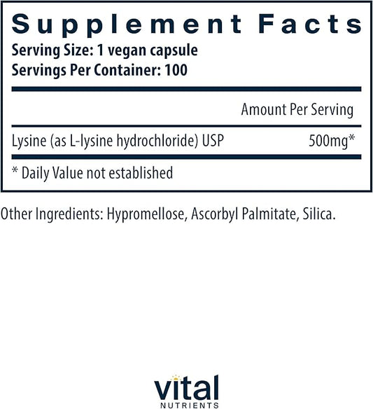 Vital Nutrients Lysine | Lysine Supplement Supports Healthy Lip and Oral Tissue | Immune Support Supplement Promotes Calcium Absorption | Gluten, Dairy, Soy Free | Non-GMO | 100 Capsules