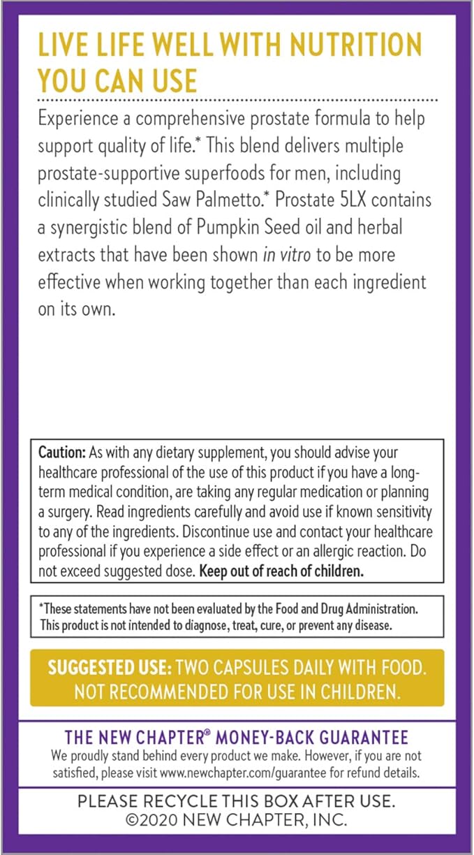 New Chapter Prostate Supplement - Prostate 5LX with Clinical Strength Saw Palmetto + Fermented Selenium for Men’s Wellness - 60 ct Vegetarian Capsule