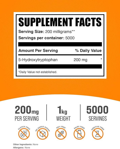 BulkSupplements.com 5-HTP Powder 5-Hydroxytryptophan, 5 5 HTP 5-HTP 200mg, 200mg, Mood 200mg per 5kg (11 (11 lbs) 5)