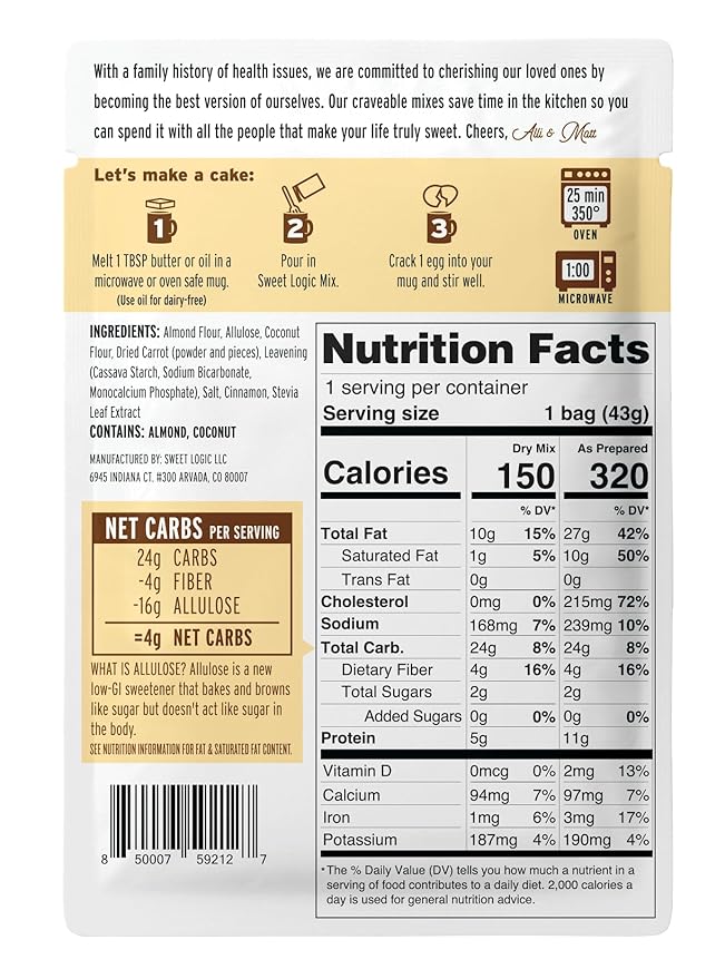 Sweet Logic Keto Dessert Mug Cake Mixes - Carrot Cake - Low Sugar - Gluten-Free - Low Carb - Diabetic-Friendly Sweets - Natural Ingredients - High Protein - Delicious Keto Treats (4 Pack)