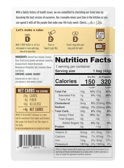 Sweet Logic Keto Dessert Mug Cake Mixes - Carrot Cake - Low Sugar - Gluten-Free - Low Carb - Diabetic-Friendly Sweets - Natural Ingredients - High Protein - Delicious Keto Treats (4 Pack)