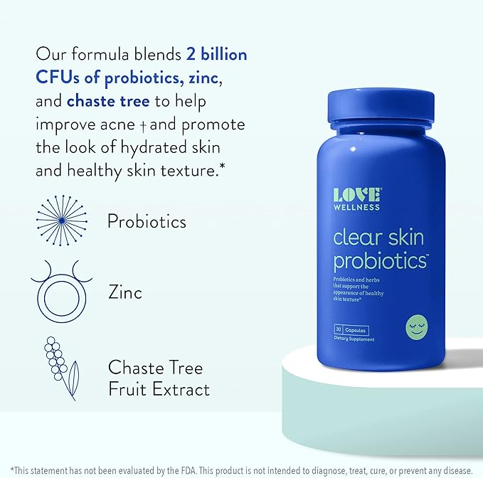 Love Wellness Clear Skin Probiotic | Clear Up Hormonal Acne Pimples, Redness & Pore Minimizer | Skin Care with Zinc, Bifidobacterium Longum & Chaste Tree Fruit Extract | Acne Treatment | 30 Count