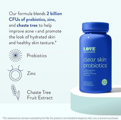 Love Wellness Clear Skin Probiotic | Clear Up Hormonal Acne Pimples, Redness & Pore Minimizer | Skin Care with Zinc, Bifidobacterium Longum & Chaste Tree Fruit Extract | Acne Treatment | 30 Count