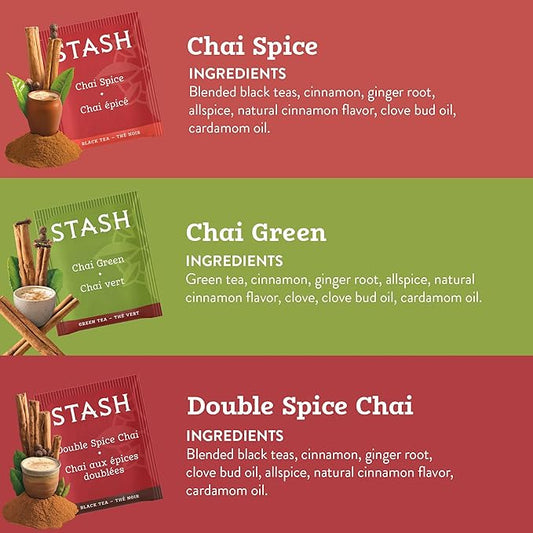 Stash Chai Tea Variety Pack Sampler Assortment - Caffeinated, Non-GMO Project Verified Premium Tea with No Artificial Ingredients, 18-20 Count (Pack of 6)