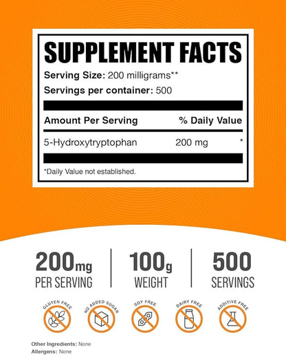 BulkSupplements.com 5-HTP Powder 5-Hydroxytryptophan, 5 5 HTP 5-HTP 200mg, 200mg, Mood 200mg per 100g (3.5 (3.5 oz) 1)