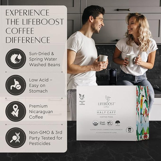 Lifeboost Coffee Half Caff Coffee K Cups - Low Acid Half Caff Coffee Pods - Single Origin Non-GMO Mold Free Pods Compatible with Keurig & Keurig 2 - No Mycotoxins or Pesticides - 10 Count