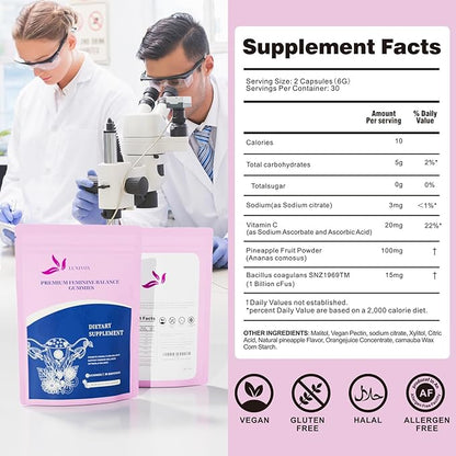 Premium Feminine Balance Gummies for Women – Hawaiian Pineapple Flavored Gummies for pH Balance and Support – Vaginal Probiotics for Women’s Wellness – Immune Support – 60 Gummies