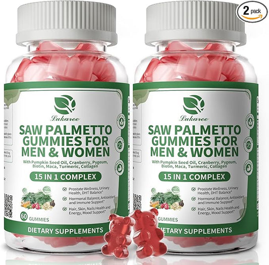 15 in 1 Saw Palmetto for Men & Women, 500mg Saw Palmetto Extract Gummies, Prostate Health Supplements for Men, Unisex DHT Blocker, for Hair, Urinary Wellness, Hormonal, Energy Support, 2 Pack