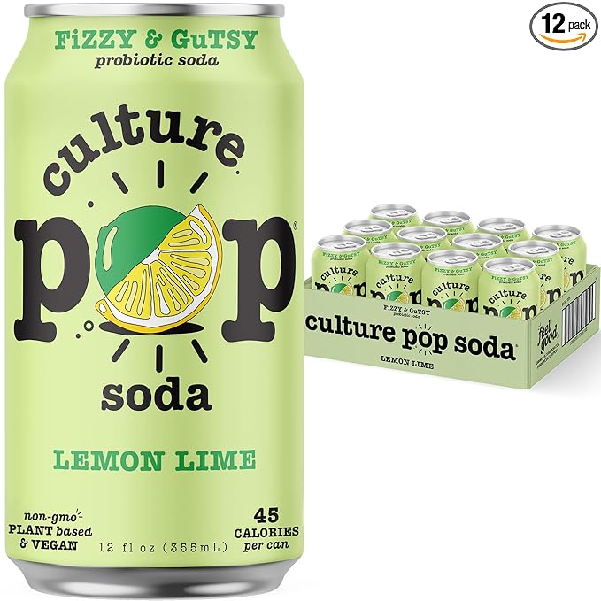 Culture Pop Soda, Lemon Lime, Probiotic Low Sugar Soda, Sparkling Juice Alternative, Non-GMO, Kosher, Gluten-Free, No Stevia (12pk)