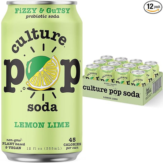 Culture Pop Soda, Lemon Lime, Probiotic Low Sugar Soda, Sparkling Juice Alternative, Non-GMO, Kosher, Gluten-Free, No Stevia (12pk)