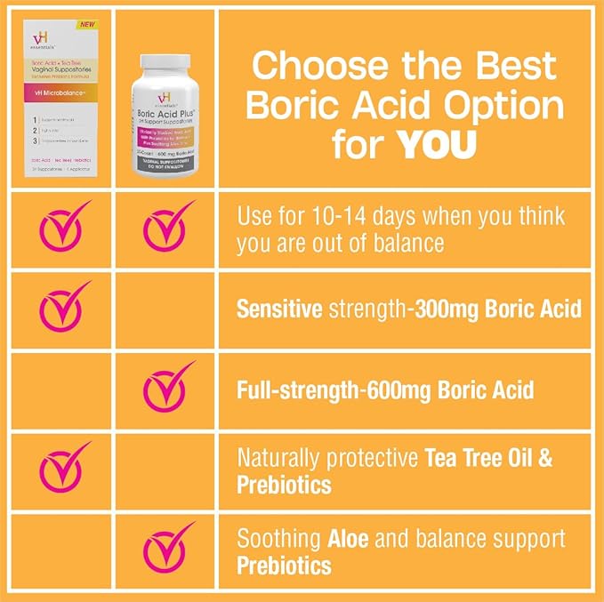 vH essentials Boric Acid Plus Vaginal Suppositories, Prebiotic Infused with Soothing Aloe Vera, pH Support Formula Fights Odor and Promotes Freshness, 600mg Boric Acid, 30 Count