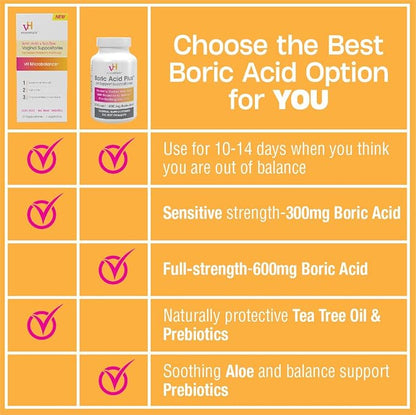 vH essentials Boric Acid Plus Vaginal Suppositories, Prebiotic Infused with Soothing Aloe Vera, pH Support Formula Fights Odor and Promotes Freshness, 600mg Boric Acid, 30 Count