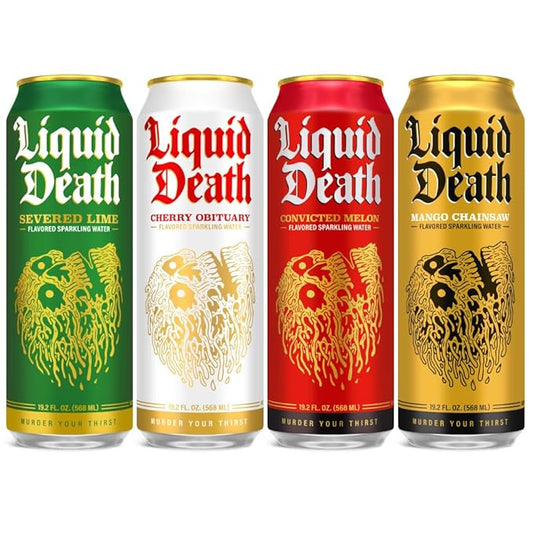 Liquid Death, Flavored Sparkling Water Variety Pack (Lime, Mango, Melon, and Cherry), 12-Pack (King Size 19.2oz Cans), Flavored Sparkling Beverage Sweetened With Real Agave, Low Calorie & Low Sugar