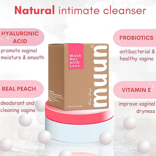 Muun Strawberry Yoni Soap Bar - Pack 3 pH Balancing Cleanser - Probiotics & Natural Ingredients - Gentle Cleansing Formula Eliminates Odor Vaginal Health - Feminine Wash - Moisturizing Intimate