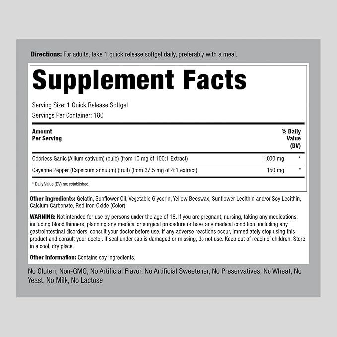 Piping Rock Garlic and Cayenne Supplements 180 Softgels 1000mg |