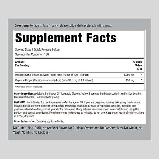 Piping Rock Garlic and Cayenne Supplements 180 Softgels 1000mg |