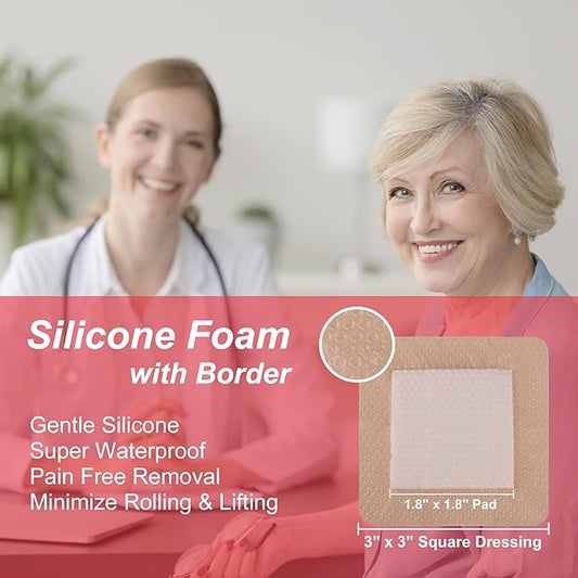Silicone Bordered Foam Dressing 3" x 3", Pack 10 Individual