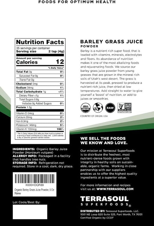 Terrasoul Superfoods Organic Barley Grass Juice Powder, 5 Oz - USA Grown | Made From Concentrated Juice | Superior to Barley Grass