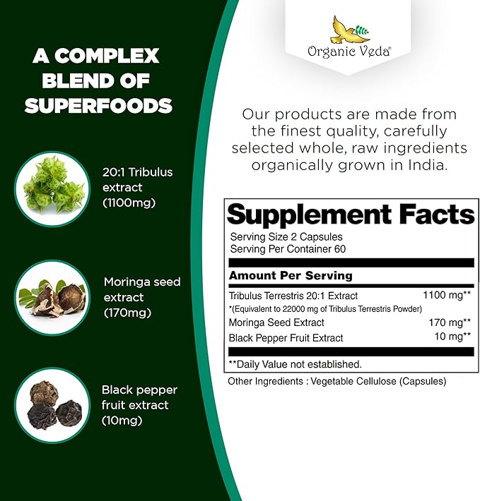Organic Veda Tribulus Terrestris Extract Capsules 22000mg - 120 Count