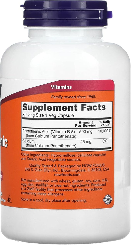 NOW Foods Supplements,Pantothenic Acid (Vitamin B-5) 500 mg,B-Complex Vitamin,250 Capsules