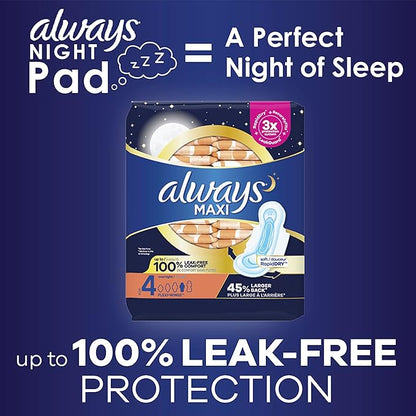 Always Maxi Overnight Pads with Wings, 4, Overnight, 33 CT