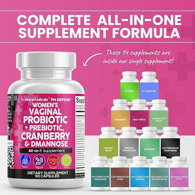 Clean Nutraceuticals Vaginal Probiotics for Women + Prebiotics 20 Billion Cranberry Pills w/D-Mannose 500 mg for Urinary Tract Health pH Balance - for Vaginal Health Supplements Pills - 1 Pack