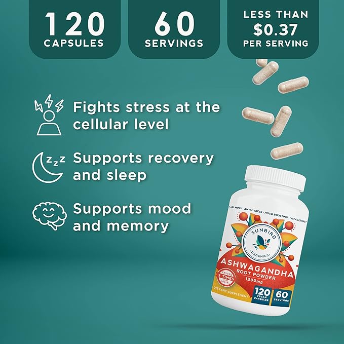 Ashwagandha Capsules Organic, Stress & Sleep 1200mg Pure 120 Vegan 1 Bottle