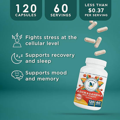 Ashwagandha Capsules Organic, Stress & Sleep 1200mg Pure 120 Vegan 1 Bottle