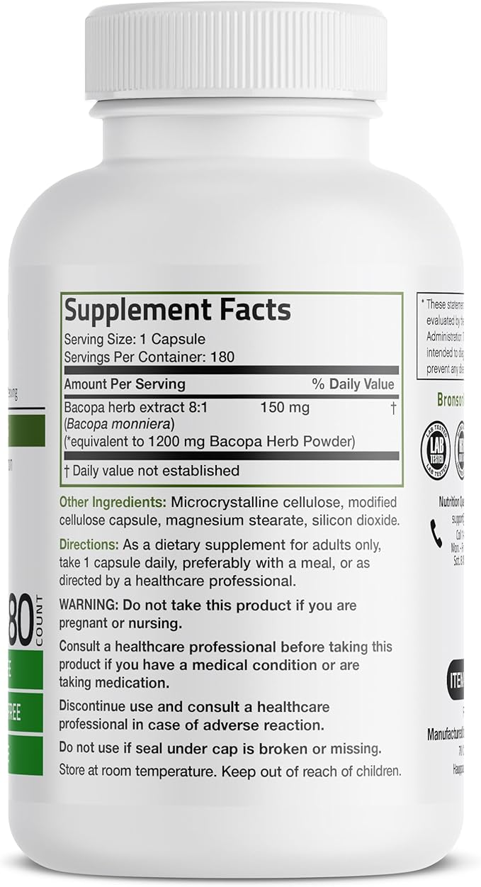Bronson Bacopa Supports Healthy Brain Function and Mental Performance, Traditional Herb, Non-GMO, 180 Vegetarian Capsules