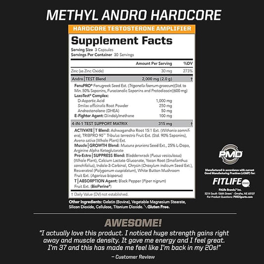 PMD Methyl Andro Hardcore - Support Testosterone for Lean Muscle & Strength Gains-Weightlifting and Workout Performance- Dietary Supplement (90 Capsules)