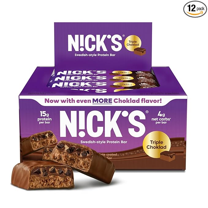 NICKS Protein Bars Triple Chocolate | 12g protein | 170 calories | Low Carb Keto Friendly Snacks No Added Sugar (Multipack 12 bars x 50g)