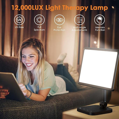Light Therapy Lamp，UV-Free 12000 Lux Sun 5 Brightness 1800-6500K Color 1H Timer
