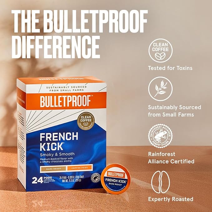 Bulletproof French Kick Dark Roast Single-Serve Pods, 72 Count, 100% Arabica Coffee Tested for Toxins, Sourced from Central and South America