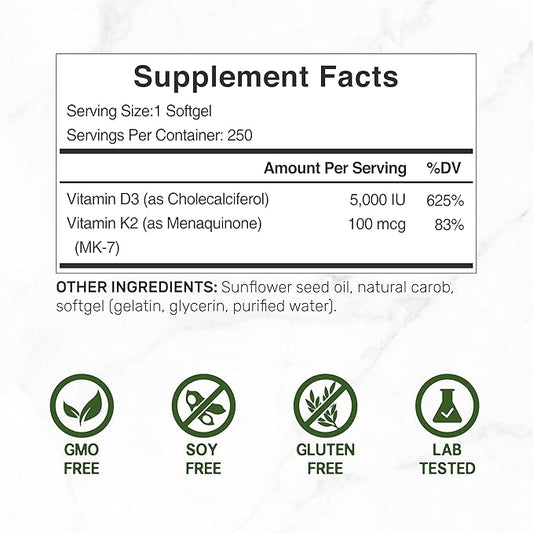 DEAL SUPPLEMENT Vitamin D3 K2 Softgel, 250 Count, 2-1 Complex, Vitamin D3 5000 IU & Vitamin K2 MK7, Promotes Heart, Bone & Teeth Health – Easy to Swallow