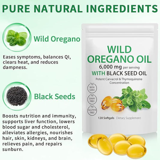 Oregano Oil Capsules,240 Softgels, 2 in 1 6,000mg 6,000mg Wild 200mg - 4X Strength