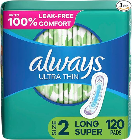 Always Ultra Thin, Feminine Pads 2 Long 40 Count 3 Pack (120 Count