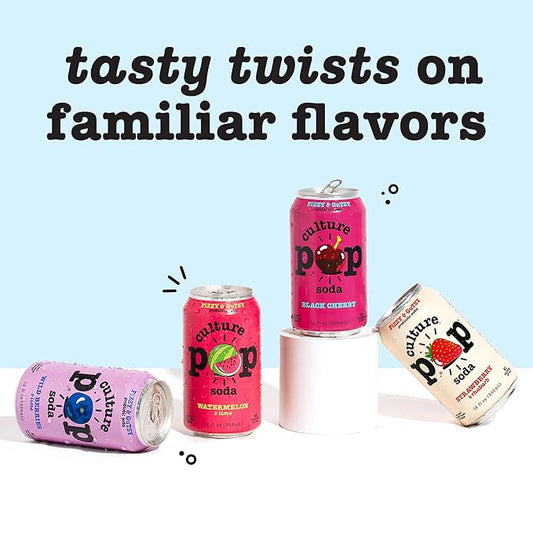 Culture Pop Soda, Jazzy & Juicy Variety Pack, Probiotic Low Sugar Soda, Sparkling Juice Alternative, Non-GMO, Kosher, Gluten-Free, No Stevia (12pk)