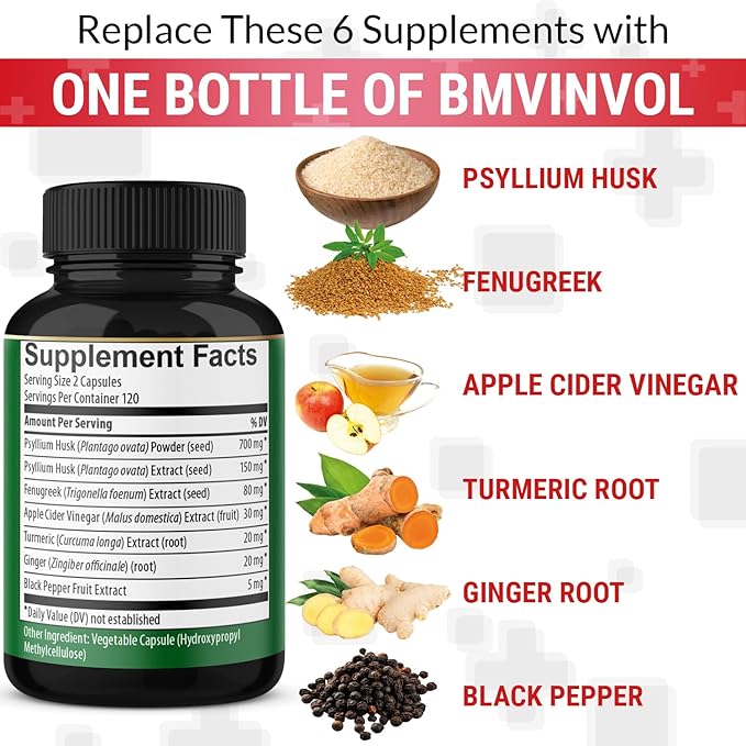 BMVINVOL Psyllium Husk Fiber Supplement 240 Capsules