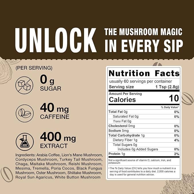 ECO-TASTE Mushrooms Coffee 14 in 1-60 Servings, Arabica Coffee with Lion's Mane, Reishi, Maitake, Turkey Tail, Chaga Fruiting Body Extract, 30% Beta-Glucan for Focus & Gut Health Support, 5.9oz