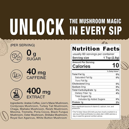 ECO-TASTE Mushrooms Coffee 14 in 1-60 Servings, Arabica Coffee with Lion's Mane, Reishi, Maitake, Turkey Tail, Chaga Fruiting Body Extract, 30% Beta-Glucan for Focus & Gut Health Support, 5.9oz