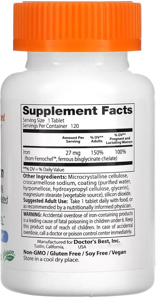 Doctor's Best High Absorption Iron Tablet with Ferrochel, Gentle on The Stomach, Immune Health, Blood Health, 27 mg