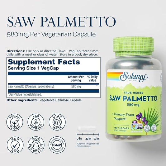 Solaray Saw Palmetto Berry 580 mg, Healthy Prostate and Urinary Tract Support from Fatty Acids & Plant Sterols for Men and Women, Non-GMO, Vegan & Lab Verified, 180 VegCaps, 180 Servings