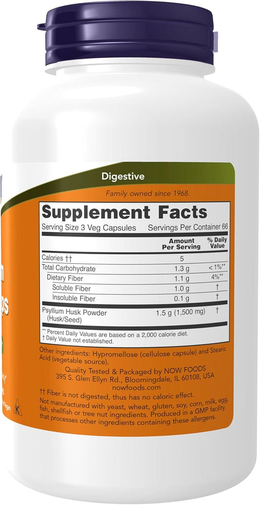NOW Foods Supplements, Psyllium Husk Caps 500 mg, 200 Veg