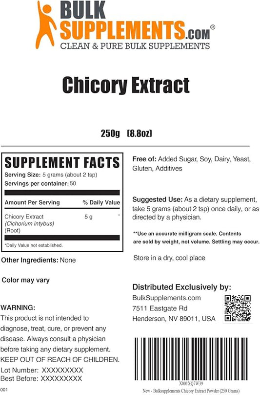 BulkSupplements.com Chicory Extract Powder - Chicory Root Supplement, Chicory Root Powder - Fiber Supplement, Gluten Free, 5g per Serving, 250g (8.8 oz) (Pack of 1)