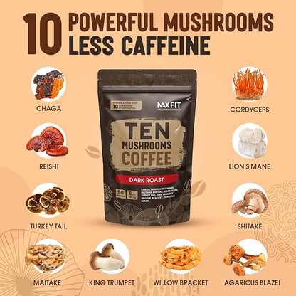Instant Mushroom Coffee Dark Roast Organic (60 Servings) With 10 Mushrooms (Lions Mane, Cordyceps, Turkey Tail & Other) Mixed With Gourmet 100% Arabica Instant Coffee for Focus & Gut Health Support